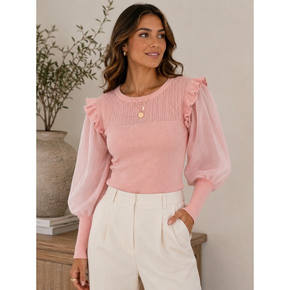 Anthropologie Tops - Anthropologie Pink Ruffle Sheer Puff Sleeve Pointelle Ribbed Knit Top Medium